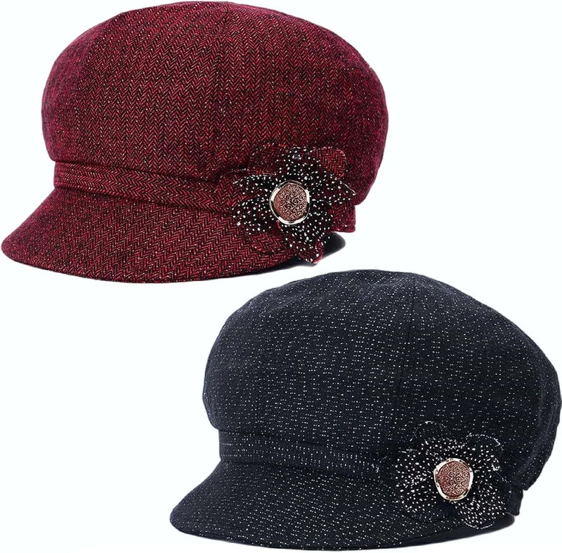 stablerice 2 Pcs Womens Newsboy Cap Women Retro Classic Visor Newsboy Cabbie Cap Beret Hats with Flower Buckle - Image 1